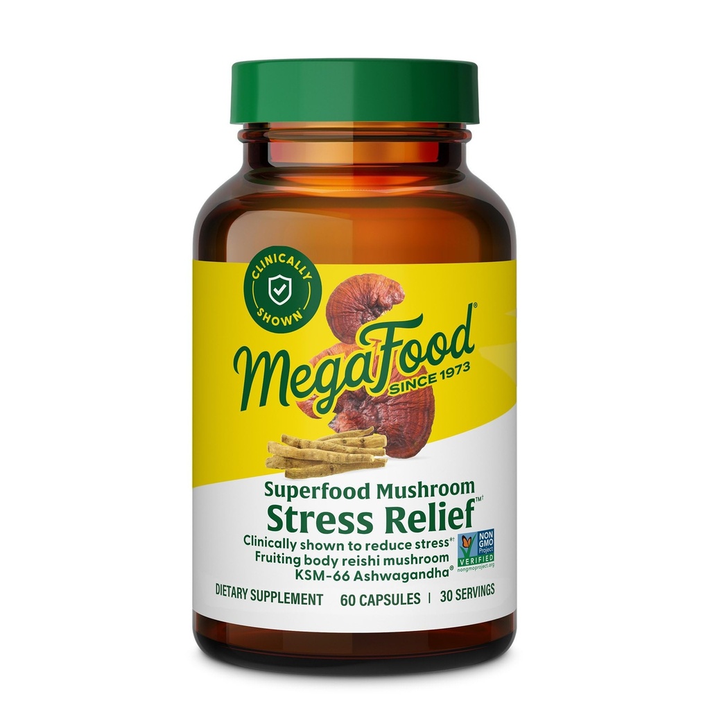 MegaFood Superfood Mushroom Stress Relief - Reishi Mushroom Supplement Klinisch bestudeerd om stress te verminderen - Doctor Geformuleerd met Ashwagandha KSM 66 - Vegan, Gluten-Free - 60 capsules, 30 porties
