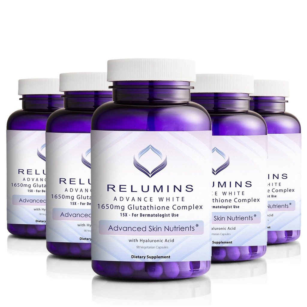 Relumins L-Glutathione Complex 1650mg - Antioxidant Ondersteuning met Alpha Lipoic Acid, NAC, L-Methionine, Vitamine E, Huidgezondheidssupplement, Made in USA - 90 Vegetarische Capsules x 5 Flessen