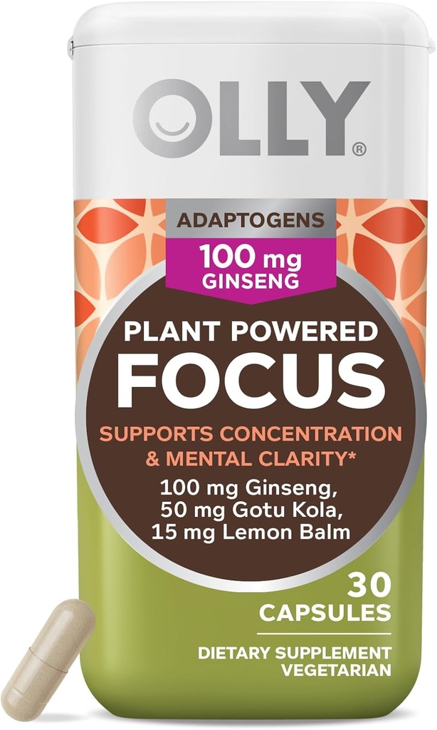 OLLY Focus Adaptogen, Ginseng, Gotu Kola, Mood Support Supplement, Vegetarische Capsules - 30ct