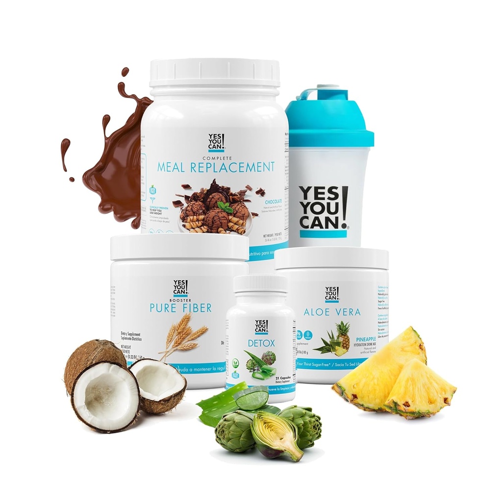 Yes You Can! Detox Plus Kit, Dagelijkse reiniging Pure Fiber Maaltijd Vervanging, Drink Mix, Shake Booster en Supplement, Body Cleanse Kit voor vrouwen, Dagelijkse systeemreiniging - Chocolade, Aloë Vera Hibiscus