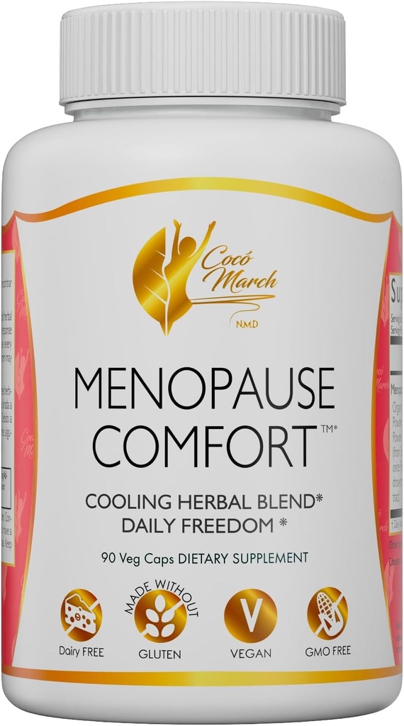 Cocó March N.M.D Ménopause Confort Soulagement rapide de l'écoulement, refroidissement mélange de plantes - Sans lait, sans gluten, végétalien, sans OGM, 90 capsules de légumes