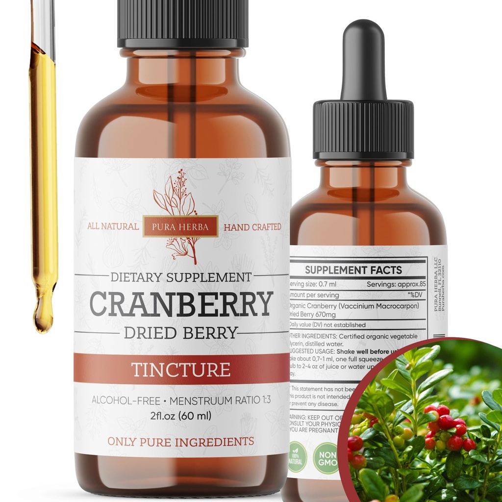 Cranberry Tinctuur - Biologische Cranberry Extract Liquid, Alcohol - Gratis kruidensupplement - Made in USA
