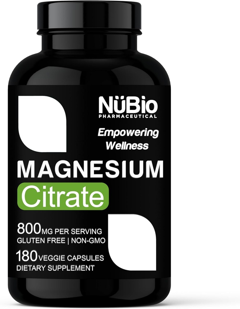USA Made Vegan Magnesium Citrate 400mg Capsules (Citrato de Magnesio) Non-GMO & Glutenvrij, Magnesium Supplement for Sleep Aid, Brain, Heart Health, Bone Strength, Metabolisme and Stress by NüBio