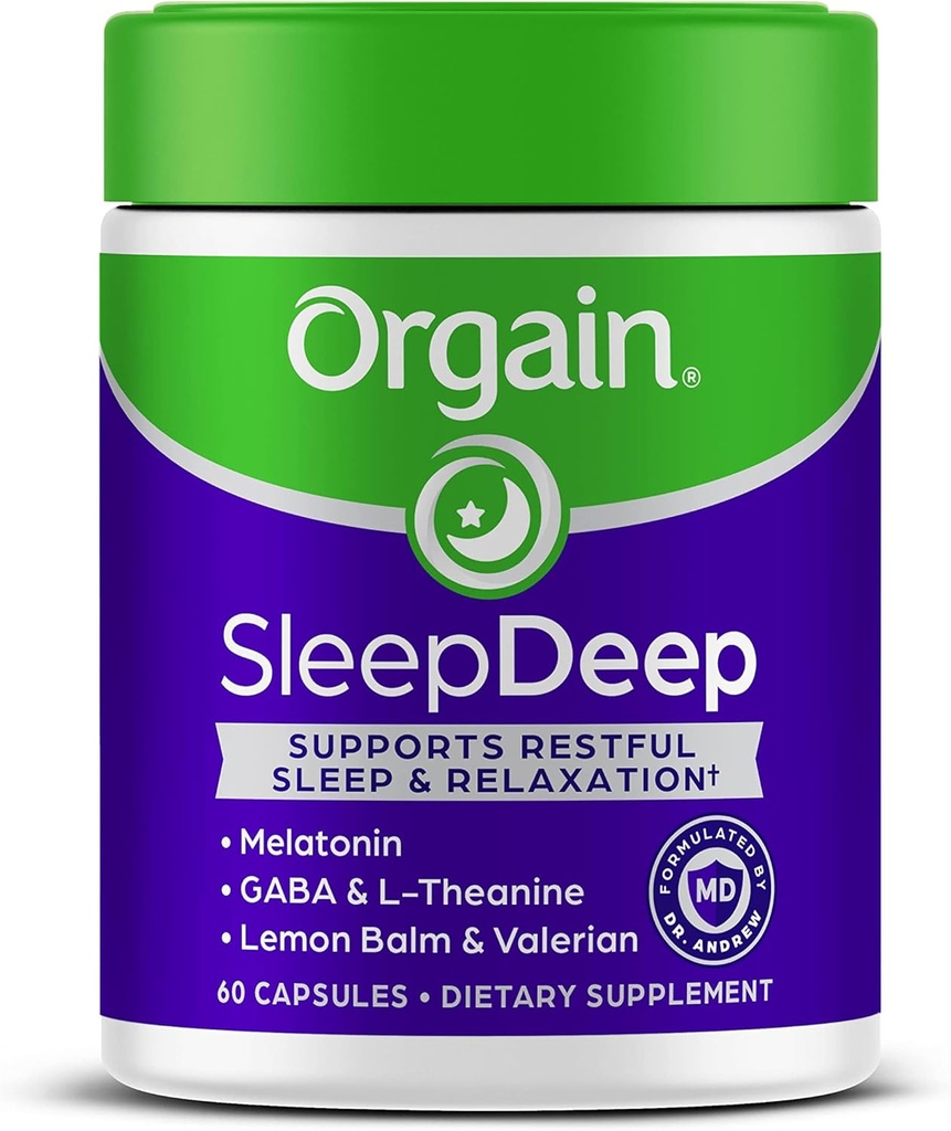Orgain SleepDeep, Melatonine Sleep Aid Support Supplement met Magnesium, GABA, L-Theanine, L-Tryptofaan, Kamille, Citroen Balm & Valeriaanwortel, Glutenvrij, Doctor Formuled - 60 Tellen, 30 Dagen Levering