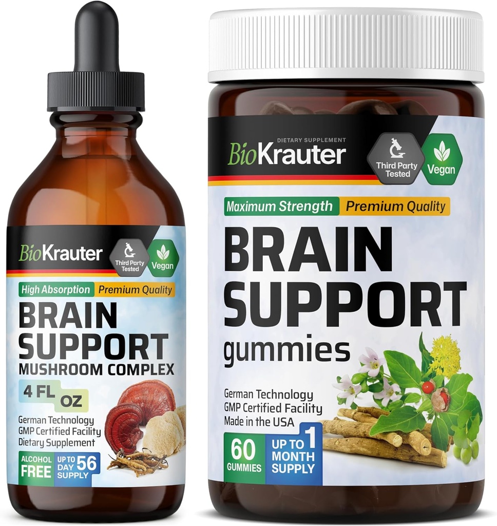 BIO KRAUTER Brain Support 60 Gummies & Brain Support Mushroom Tinctuur 4 Fl. Oz.