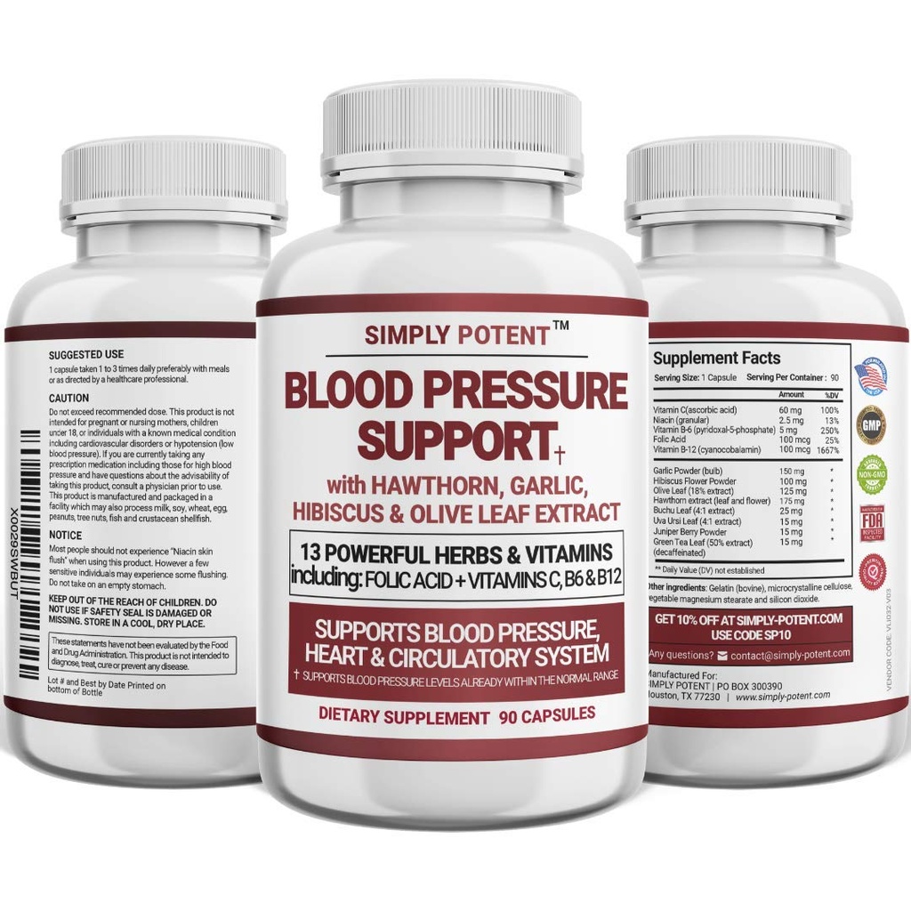 Bloeddruk ondersteunende supplementen - Gezond hart, Cholesterol, Cardio, Hypertensie, Hoge BP - 13 Vitaminen & Kruiden - Foliumzuur, Vitaminen C B6 & B12, Hawthorn Olive Leaf Knoflook Hibiscus, 90 Capsule