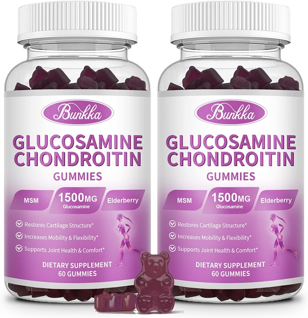 2 Pack Glucosamine Chondroitin Gummies Extra sterkte w/MSM, Vlierbes,Hyaluronzuur-Kauwbare gezamenlijke ondersteuning Supplement voor vrouwen,mannen,volwassenen-Antioxidant Ondersteuning voor gezamenlijke comfort & mobiliteit