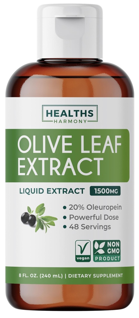 Extrait de feuille d'olive (non-OGM) Super résistance: 20% Oleuropein - 1500mg - Végétarien - Supplément de soutien immunitaire, la santé de la peau, et puissant supplément antioxydants - Extrait liquide - 8 Fl Oz