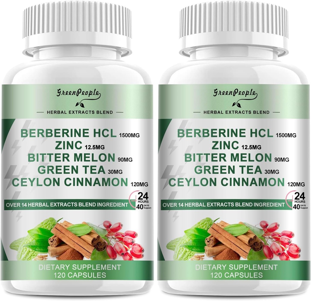 GREENPEOPLE Berberine Supplément avec Ceylan Cannelle - 120 Count Berberine 1500mg Berberine HCL Capsules avec Bitter Melon / Artichaut Extraits & Herbes naturelles pour Imune Support 2 Pack