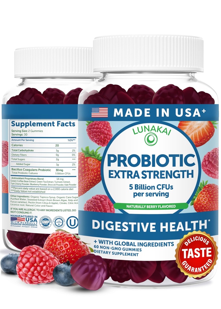 Lunakai USA Made Probiotic Gummies - 5 Miljard CFUs, Vegan, Non-GMO, Glutenvrij - Digestieve & Immune Ondersteuning voor vrouwen & mannen - 60 Kauwbare Gummies