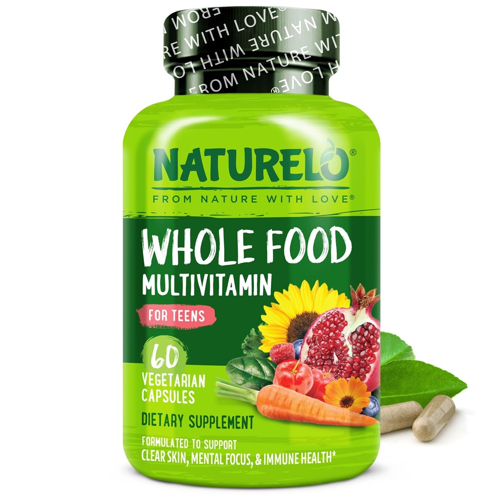 NATURELO Multivitaminen voor tienermeisjes/jongens, 60 capsules, vol voedsel Multivitamine met mineralen, niet-GMO, vegetarisch