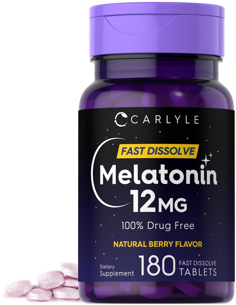 Carlyle Melatonin 12 mg Fast Dissolve 180 Tablets | Drug Free | Natural Berry Flavor | Vegetarian, Non-GMO, Gluten Free