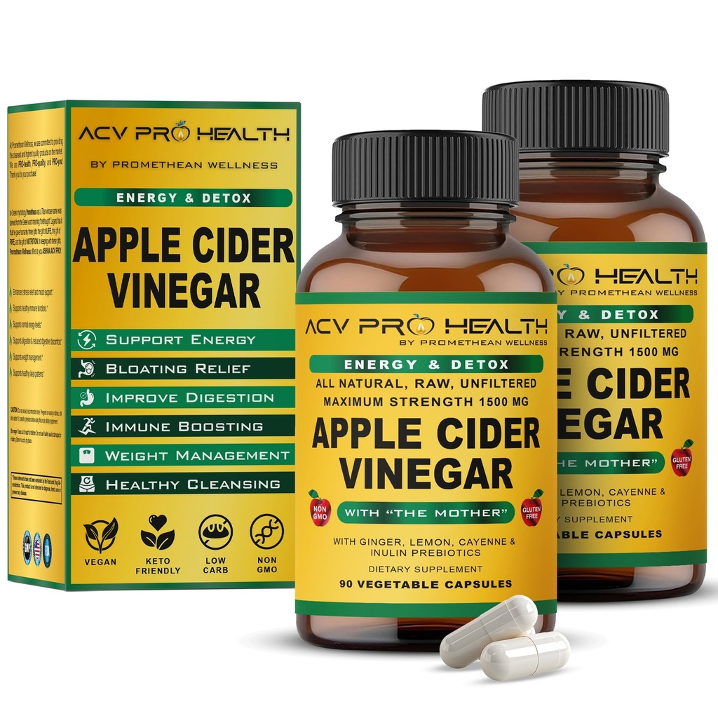 2-Pack ACV Pro Apple Cider Vinegar Capsules Certified Organic met Moeder ACV Pillen Detox Reinigen Acid Reflux Relief Ondersteuning Supplement Gember Root Cayenne Pepper Powder
