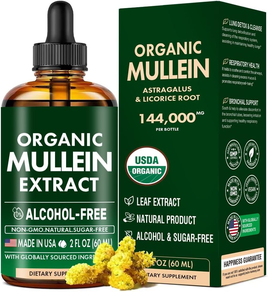 Gouttes de Mullein pour les poumons, les feuilles de Mullein et l'extrait de réglisse Soutien Lung Cleanse & Healthy Breathing, supplément à base de plantes de teinture de Mullein Feuille biologique, sans additifs Gouttes de Mullein Extract 2 fl Oz 60Ml