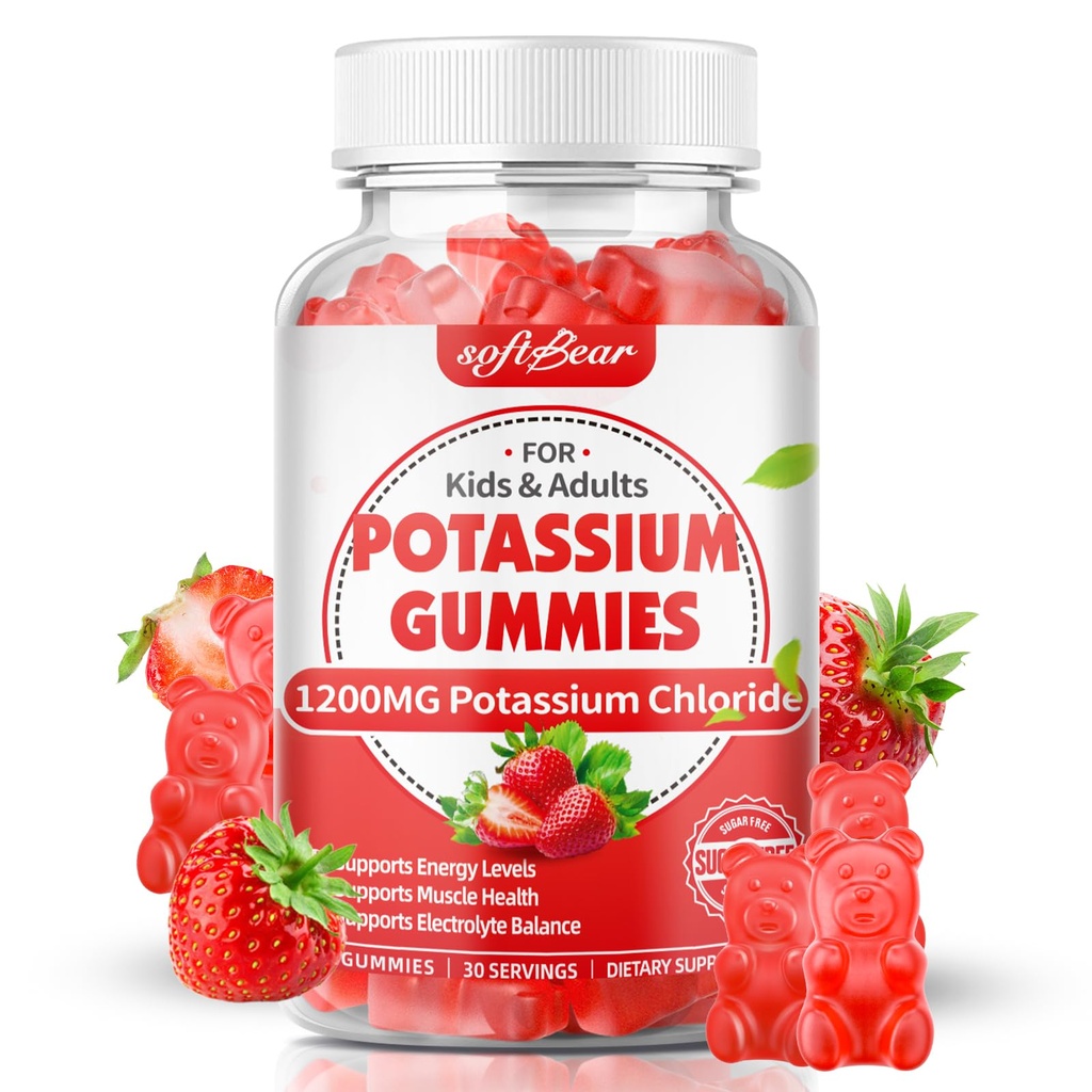 softbear Kalium Gummies voor Volwassenen, Suikervrije Kalium Chloride Gummies 1200mg Ondersteuning Been Krampen en Electrolyte Balance Hoge Potency Kalium Supplement, Aardbei Smaak 60 Tellen
