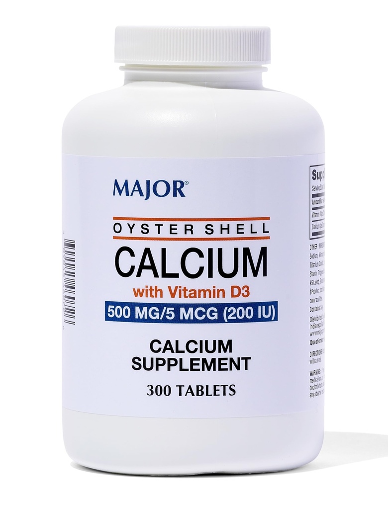 Major Oyster Shell Calcium avec vitamine D3 500 mg / 5 mcg (200 UI) - Supplément de calcium quotidien - 300 comprimés (1 emballage)