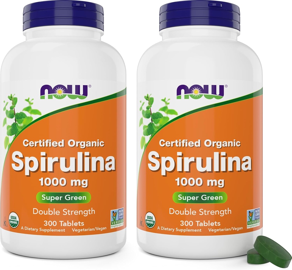 NOW Foods Organic Spirulina 1000mg Tablets - 300 Count (pack of 2) - Non-GMO, Super Green Whole Food Supplement - Double Strength 1000 mg - Natuurlijk voorkomende Beta-Caroteen (VIT A), B-12 en GLA