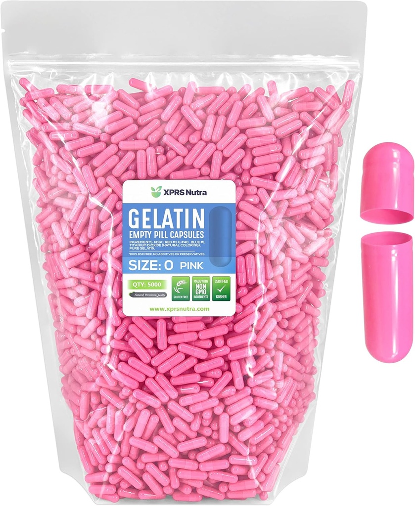 XPRS Nutra Formaat 0 Lege capsules - 5000 Graaf Lege Gelatine Capsules - Pillen DIY Capsule Vulling - Pure Bovine Pill Gel Caps for Do-It-Yourself Supplements (Roze)