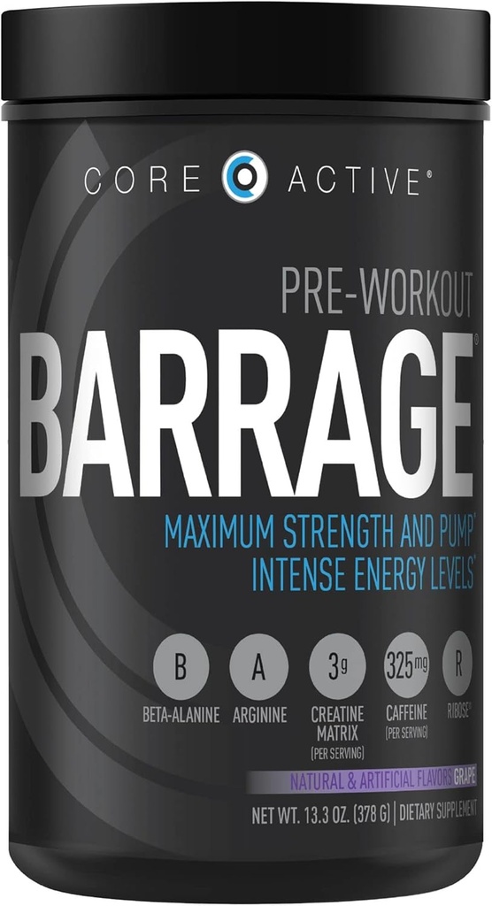 Barrage Pre Workout Powder - Preworkout voor vrouwen en mannen, Creatine Powder, Beta Alanine, Agmetine Sulfate, & Cafeïne - Muscle Builder for Men with Intense Energy - Grape (30 Servings)