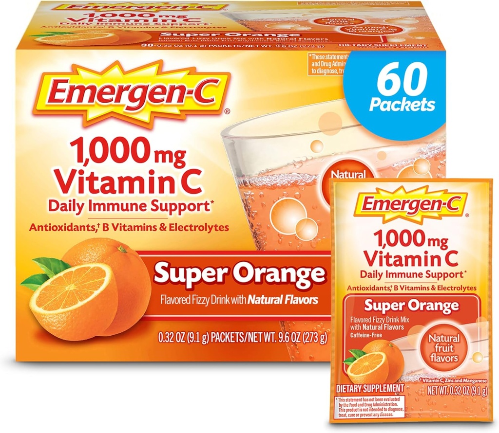 Emergen-C 1000mg vitamine C poeder voor dagelijkse Immune ondersteuning Cafeïnevrije vitamine C supplementen met zink en Mangaan, B vitamines en Elektrolyten, Super Oranje smaak - 60 Count/2 maand levering