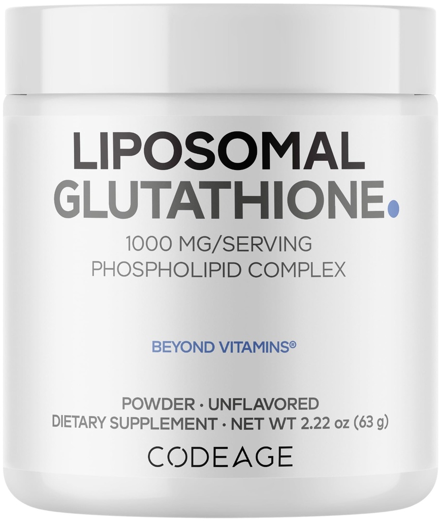 Codeage Poudre de glutathion liposomique - 1 000 mg Vegan Réduction de L-glutathion par portion, Livraison liposomique - 2 mois - Non aromatisé - Phospholipide - Non-OGM Sans gluten - 2,22 Oz