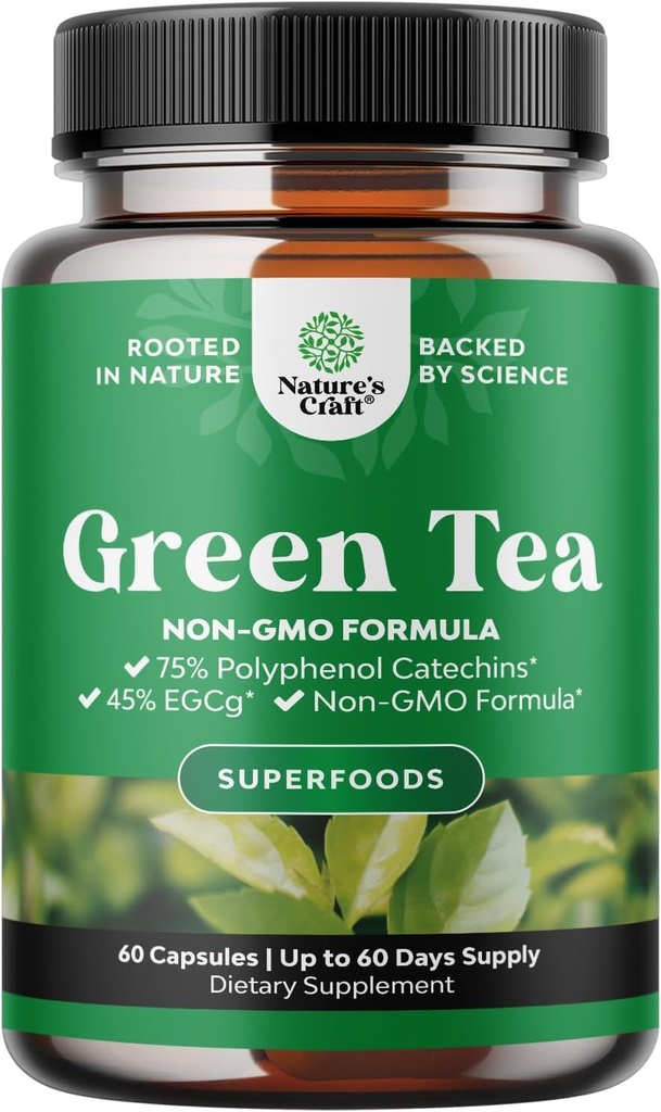 Capsules d'extrait de thé vert - Supplément de caféine verte de 500mg Pure Leaf - EGCG, Extrait de caféine et Supplément de polyphénols pour le métabolisme sain Soutien pour les femmes et les hommes - Détox naturel - 60 Compte