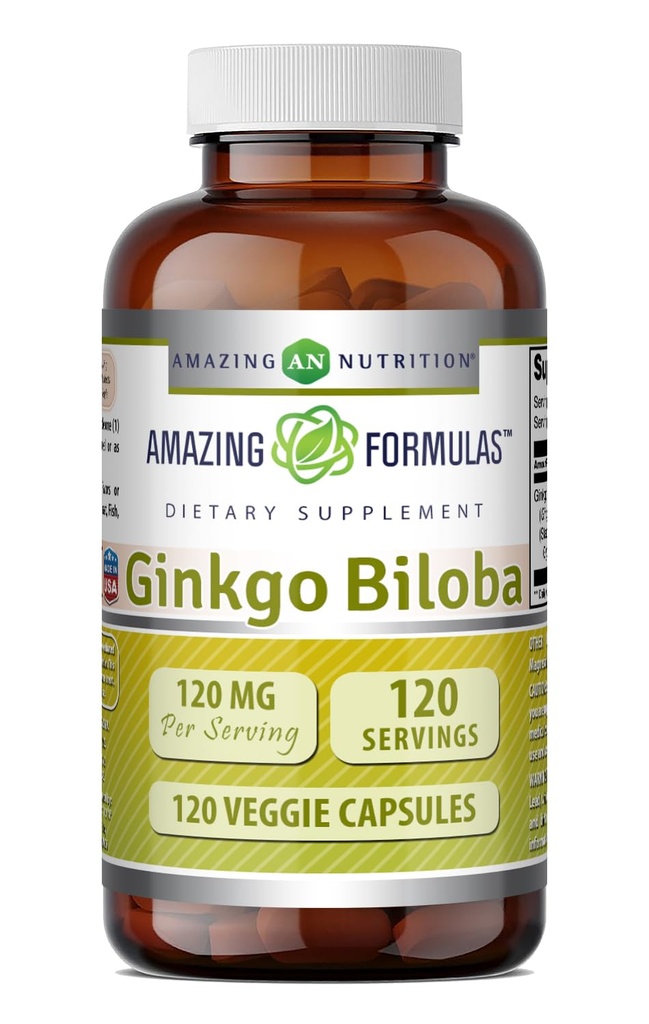 Formules étonnantes Ginkgo Biloba 120 Mg Supplément 120 Capsules Standardisé pour contenir 24 % de Ginkgo Flavone Glycosides