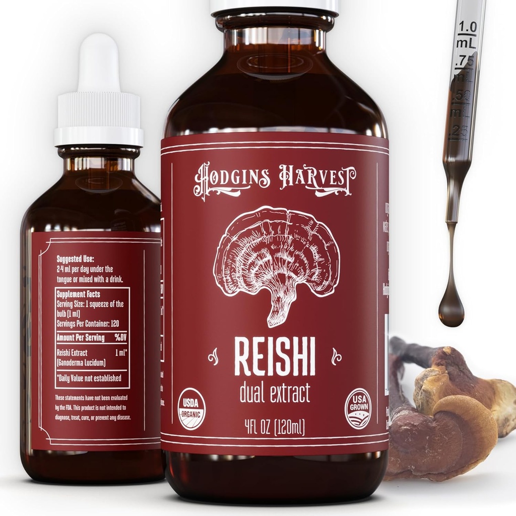 Hodgins Oogst Biologische Reishi Mushroom Fruitlichaam Extract Tinctuur - Extra Geconcentreerde Dual Extract Supplement - Ondersteunt Hart Gezondheid en Wellness - USDA Biologische Paddenstoelen - 4 oz
