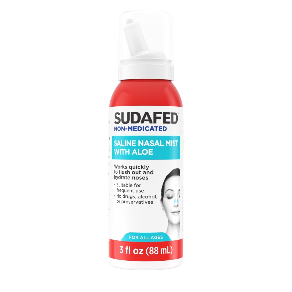Sudafed niet-gemedicineerde Saline neus mist met Aloë, Sinus Saline neusspray voor alle leeftijden snel Flushes & vocht nasale passages, gebruik neus mist zo vaak als nodig, Drug-vrij, 3 fl. oz