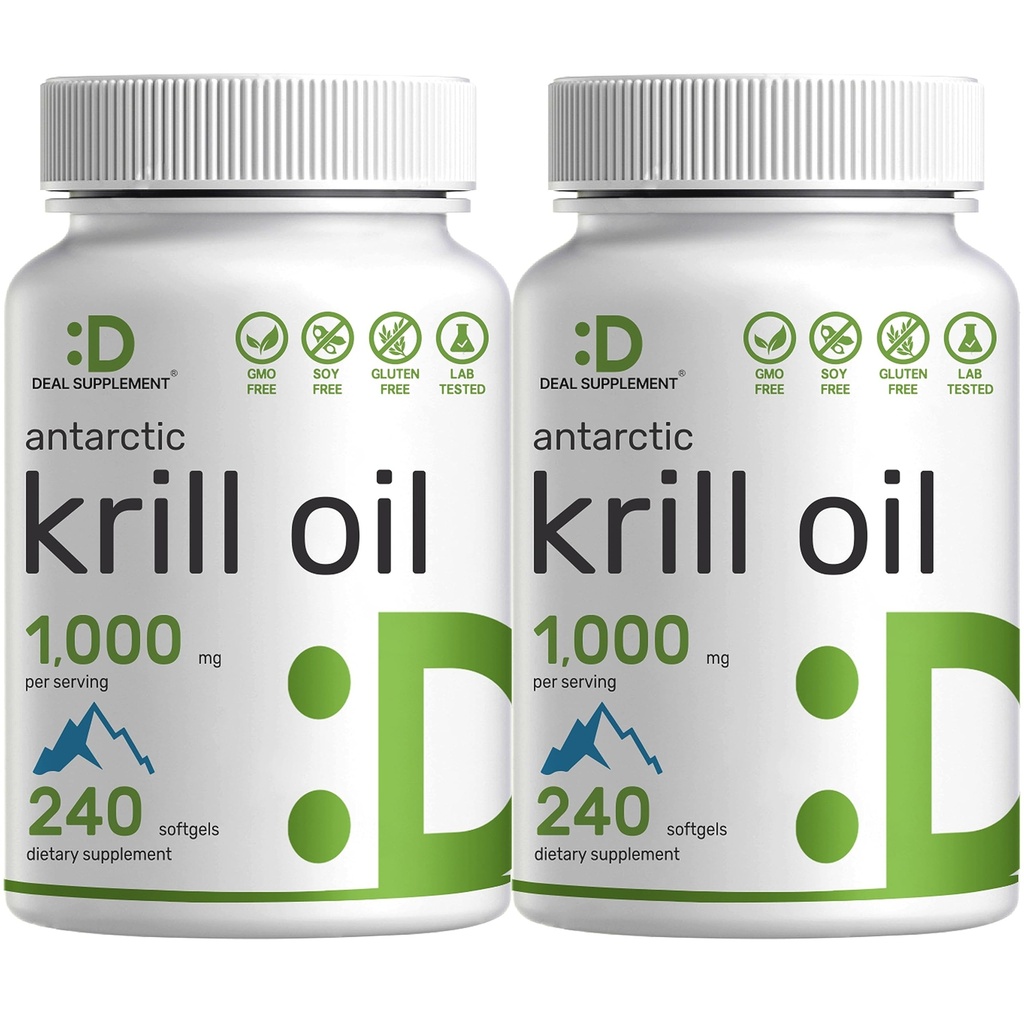 SUPPLÉMENT DE DÉAL 2 Paquet d'huile de krill antarctique, 1 000 mg par portion, 480 softgels – sans mercure, sans goût de poisson – riche en oméga-3s, EPA, DHA, Astaxanthine et Phospholipides – non-OGM, sans gluten