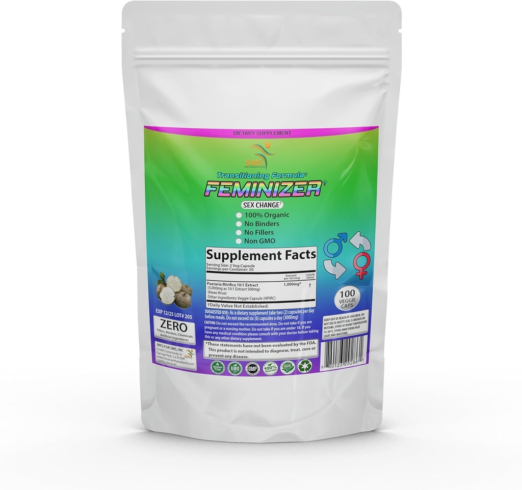 Pilules de changement de sexe Feminizer par SMS, 100 Veggie Caps Pueraria Mirifica Pour Estrogen 1000mg Pure 10:1 Poudre d'extrait de racine - Kwao Krua Kao - Grade Premium, Organique pour les femmes, Transgenre, Ladyboy, LGBT