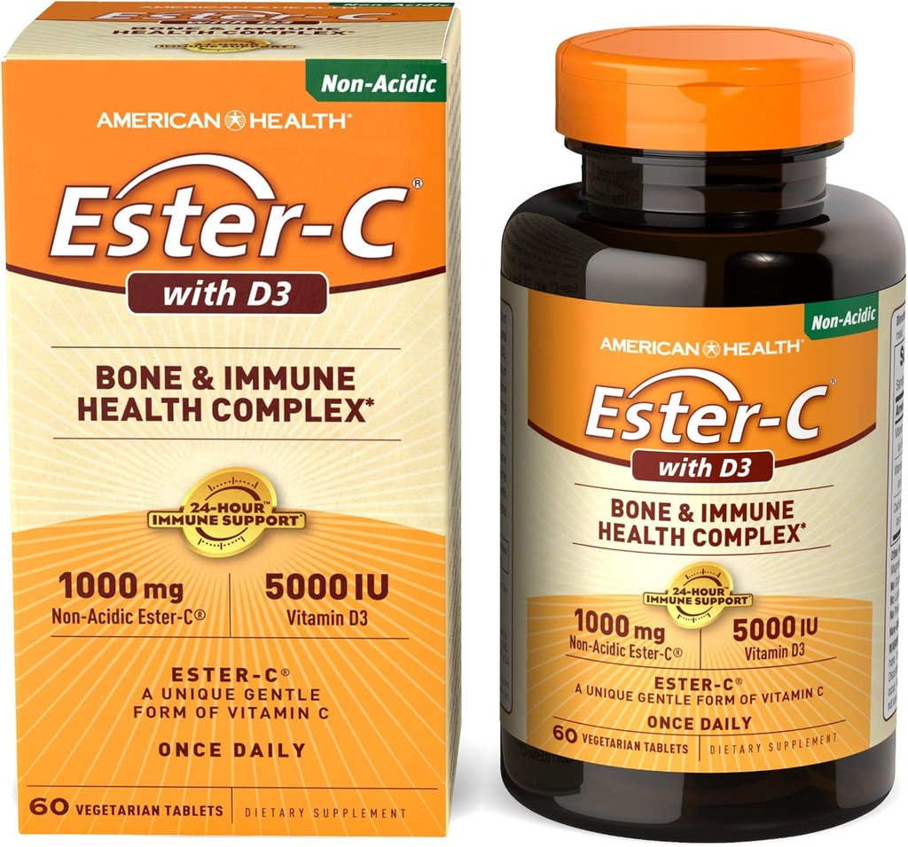 American Health EsterC met D3 Bone Immune Complex Vegetarian Tablets 24Hour Immune Support 1000 mg EsterC 5000 IE Vitamine D3 NonAcidic Vitamine C Servings, 60 Tellen