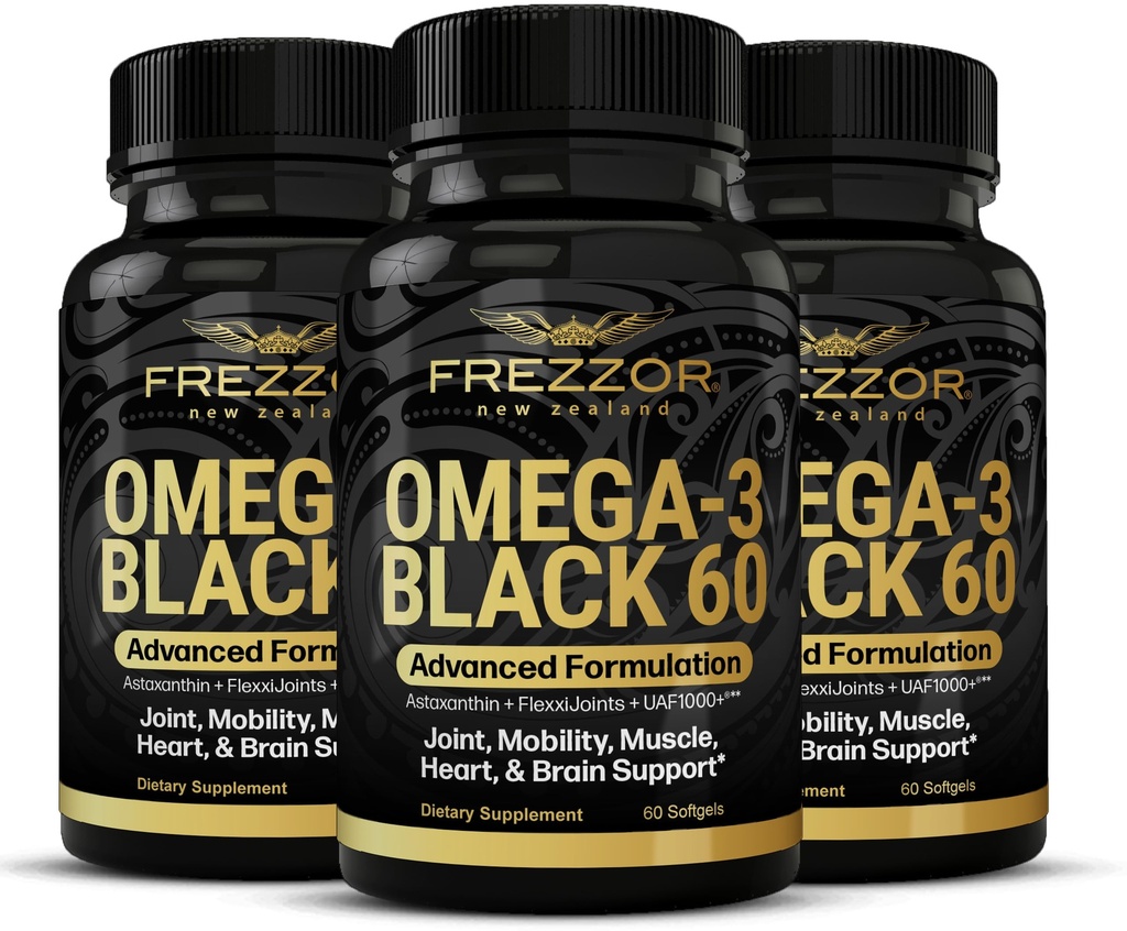 FREZZOR Omega 3 Black for Joint Care & Comfort - Nieuw-Zeeland Green Lipped Mossel Oil Capsules; 53x Hogere Potentie met UAF1000+ Super Antioxidant, No Fishy Aftersmaak, 60 Tellen (Pack of 3)