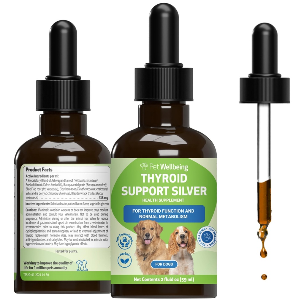 Bien-être animal Thyroïde Support Argent pour chiens - Soutiens Thyroïde équilibré Fonction, Métabolisme sain, Énergie normale, Ashwagandha, Bacopa - Vétérinaire-formulé supplément à base de plantes 2 oz (59 ml)