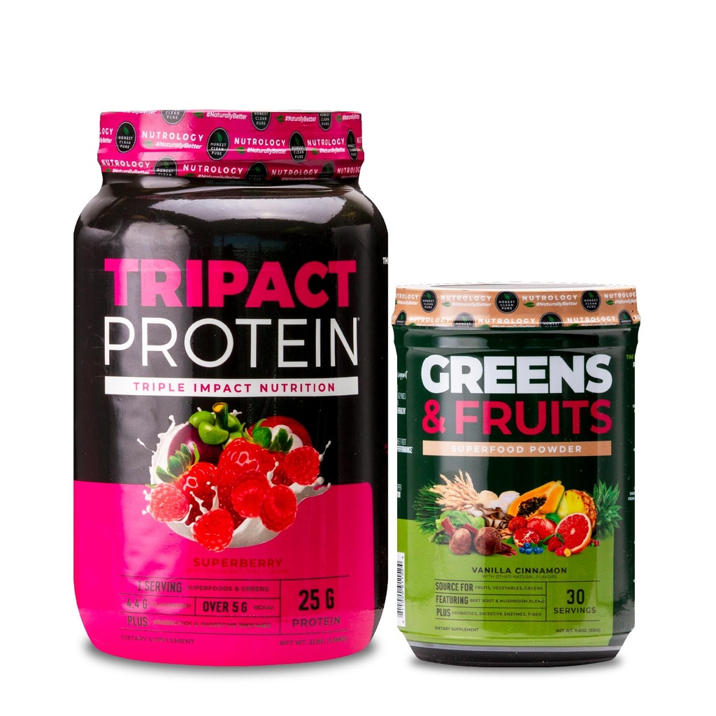 Nutrology TRIPACT Protein Powder, 7-in-1 Meal Replacement Shake, Superberry (40 Servings) Greens & Fruits Powder-Naturally Sourced Superfood, Vanilla Cinnamon (30 Servings)