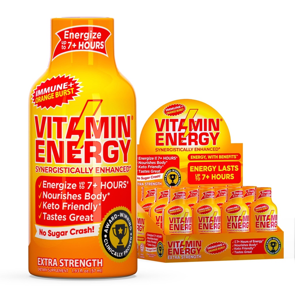 Vitamine Energie Immune+ Extra sterkte energie Shot Orange Burst 12 Pack, 260mg Natural Cafeine, B-Vitamins, Citicoline, Green Tea, Immunity & Focus Support, Zero Sugar, Gluten-Free 1,93 fl oz