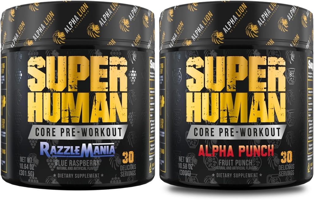 ALPHA LION Core Pre Workout Powder Bundle for Pump & Tri-Source Caffeine for Sustained Energy, Fruit Punch & Blue Raspberry Flavor (30 Servings Each)