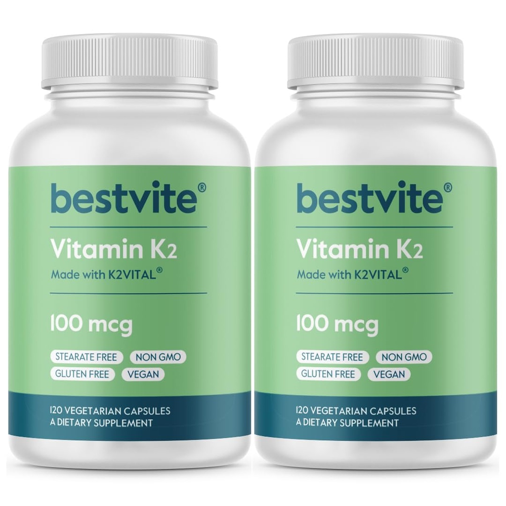 BESTVITE Vitamine K2 100 mcg als MK-7 (240 Vegetarische Capsules)(120x2) - Geen Stearates - Veganistisch - Niet GGO - Glutenvrij