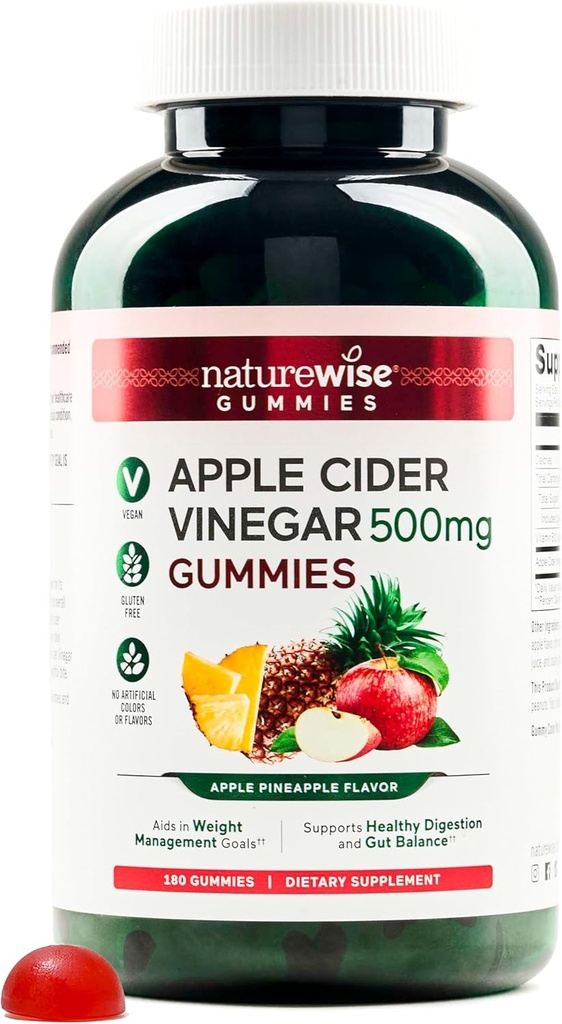 NatureWise Apple Cider Vinegar Gummies - 1000mg ACV per 2 + Vitamine B12 - Pectin Based Vegan, Glutenvrij, Non-GMO - 180 Tellen[90-Dag aanbod voor 1000mg of 6-maand levering voor 500mg]