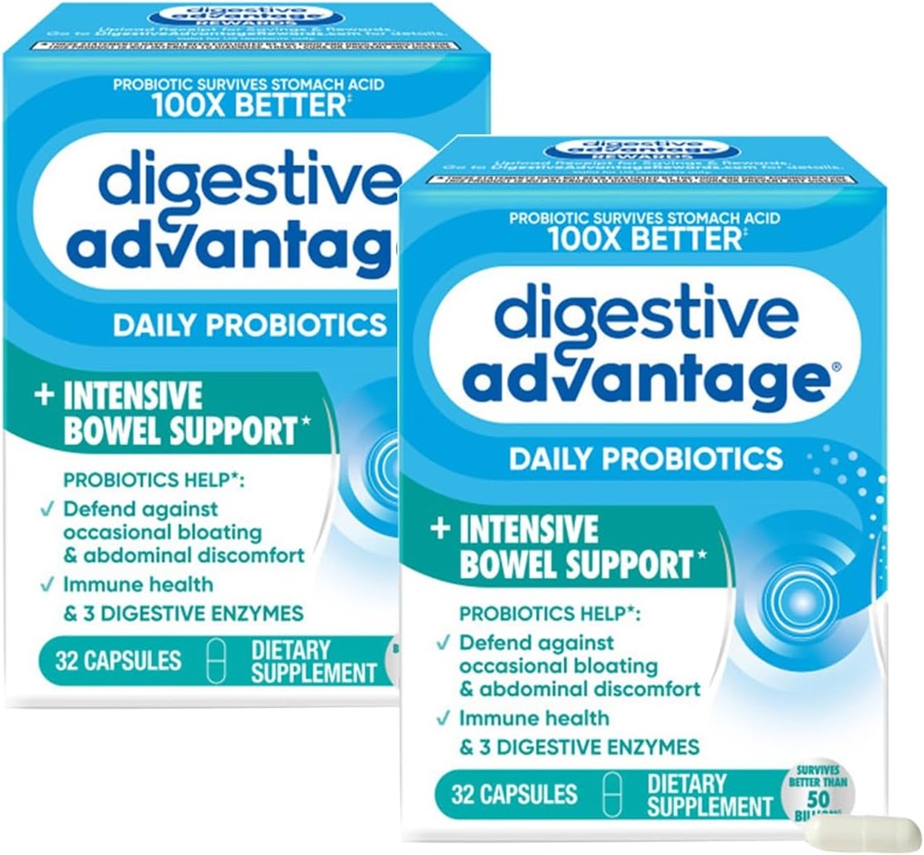 Digestief voordeel Intensieve Bowel Support Probiotic Defends against Gas & Bloating, 32 Count Capsules (2 Pack)