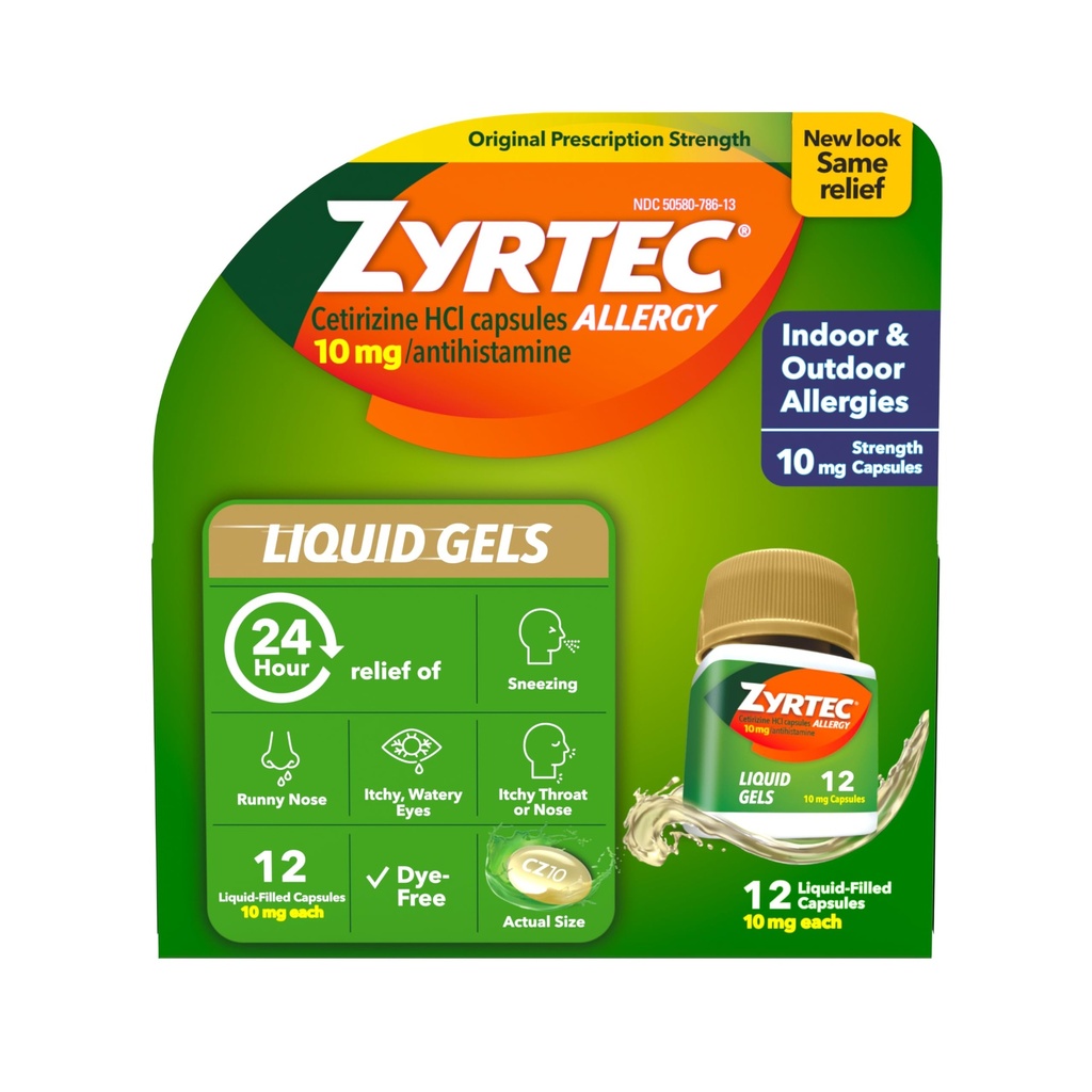 Zyrtec 24-uurs Allergie Relief Liquid Gels, Antihistamin Capsules with Cetirizine HCl Allergie Medicine for All-Day Relief from Runny Nose, Sneezing, Itchy Eyes & More, 12 Tel.