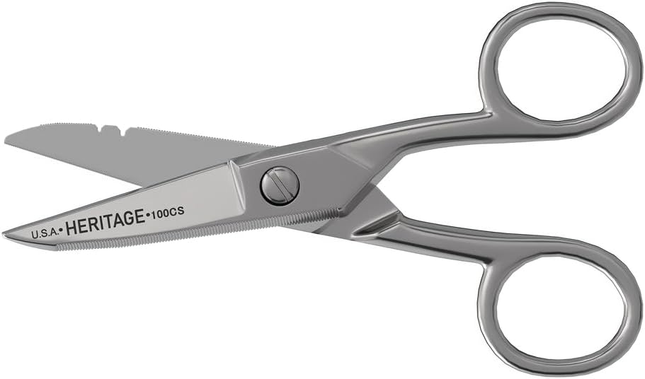Klein Tools 100CS Ciseaux de précision tout-terrain, fabriqués aux États-Unis, embouts en nickel de 5,25 pouces, embouts en acier inoxydable et encoches de décapage, multi-usages pour usage professionnel et domestique