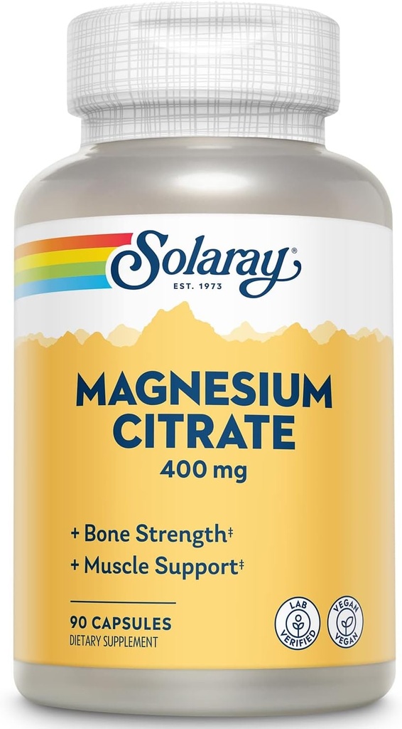 Solaray Magnesium Citrate - Pure Magnesium Citrate Capsules, Supplement voor Kalm, Bot Gezondheid, Cellular Energy, Hart & Muscle Support, 400mg per portie - 90 Vegan Capsules (Pack of 2)