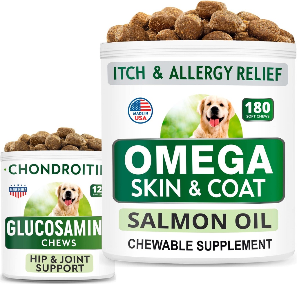 BARK&SPARK Glucosamine Hondenverzorging + Omega 3 voor hondenbundel - Hip Support en Joint Pain Relief Supplement + Visolie Kauwen voor vergieten, huid Allergie, jeuk Relief, huid en jas supplement