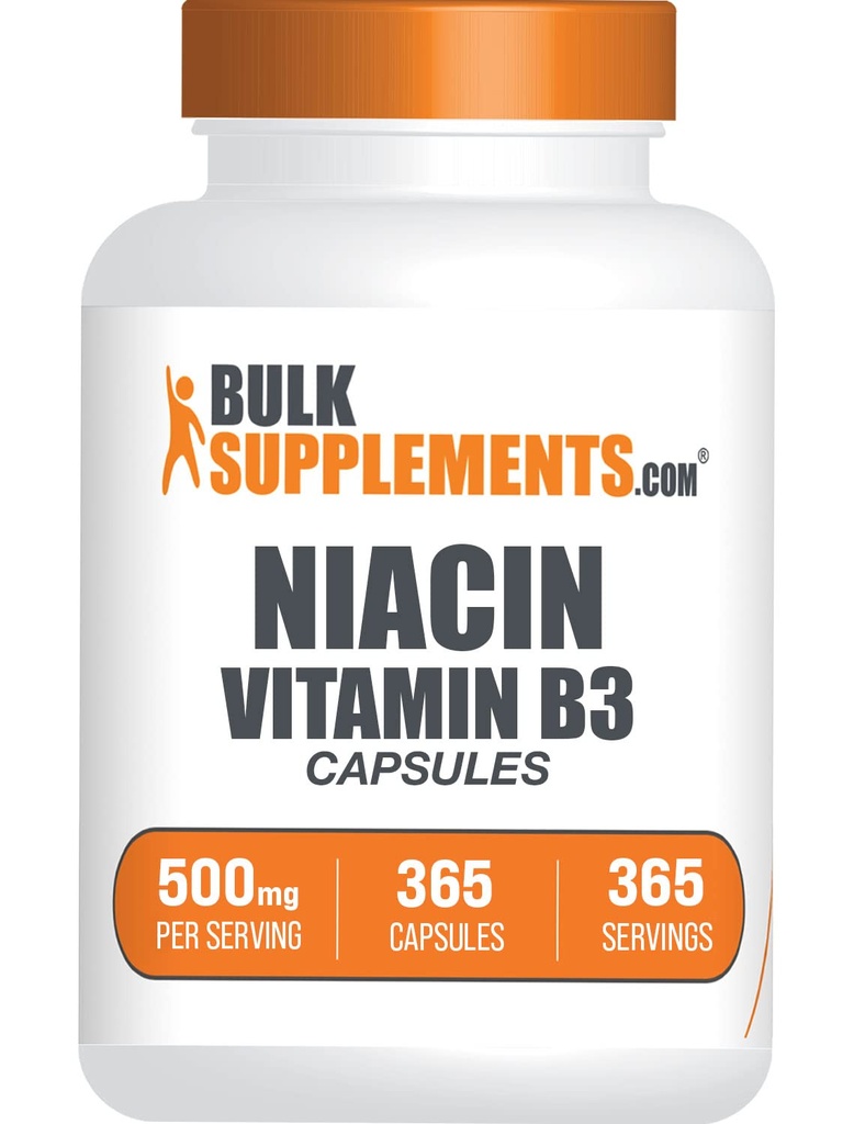 BulkSupplements.com Niacin Capsules - Niacin Supplement, Vitamine B3 - Glutenvrij, 1 capsule per portie, 365 capsules (verpakking van 1)