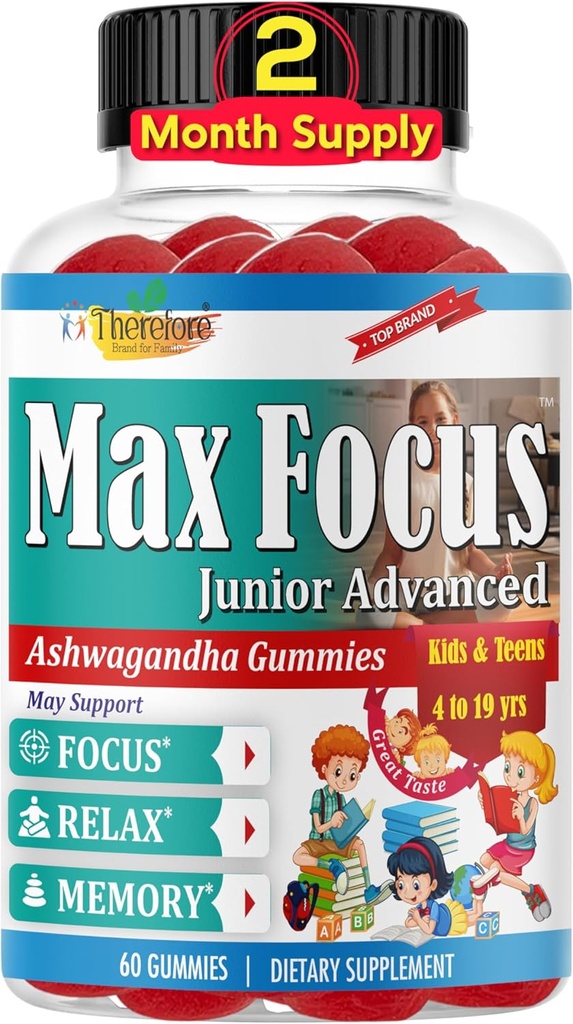 Max Focus Junior – Kids Focus & Calm Gummies (en anglais seulement) Calme et assistance pour les enfants et les adolescents avec Ashwagandha (en anglais seulement) Vitamines cérébrales (en anglais seulement) Vegan, non-OGM, 60 Gummies