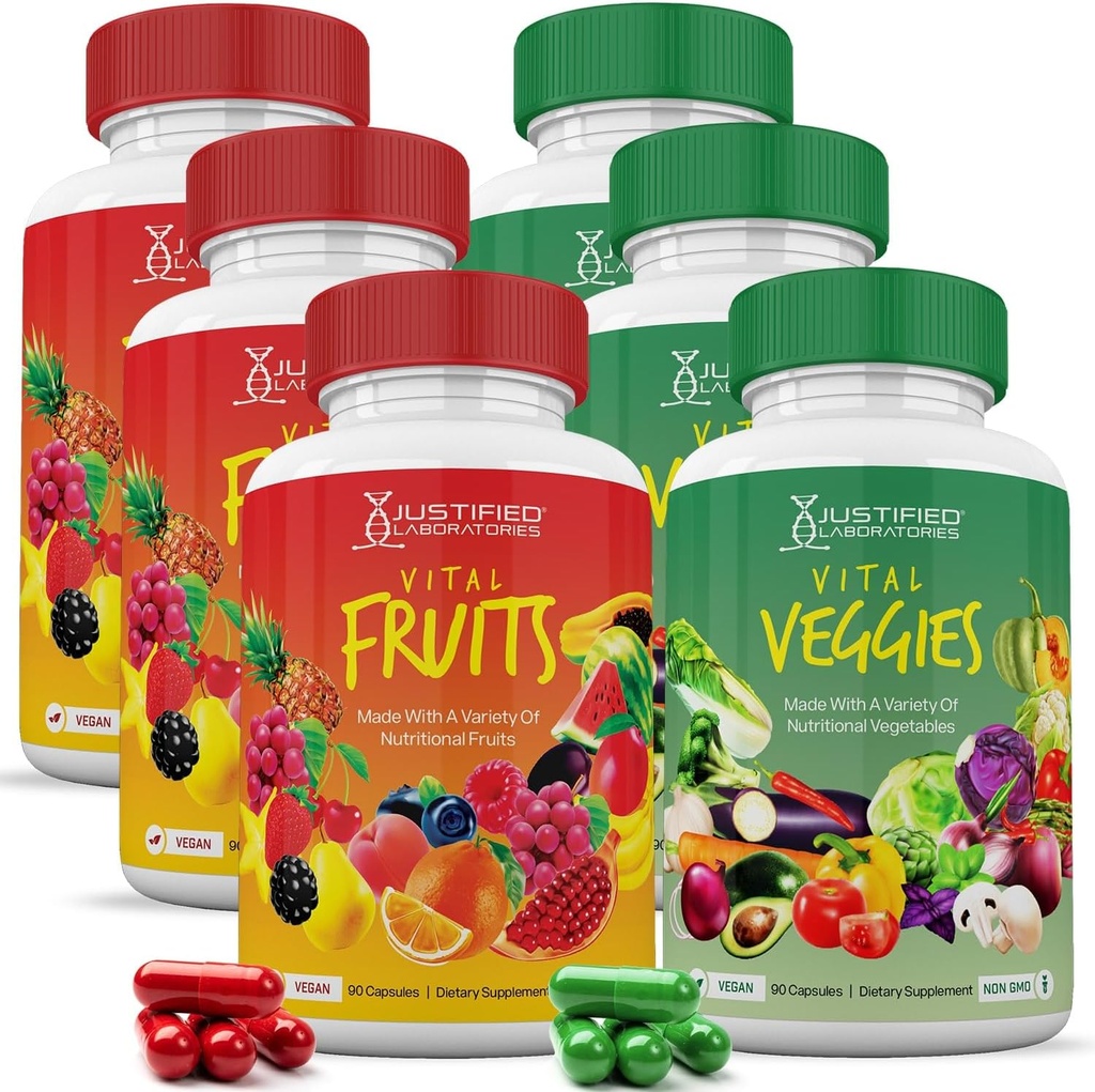 Justified Laboratories (6 Pack Vital Fruits and Veggies Supplement Whole Food Red & Green Superfoods Non GMO Vegan Friendly 540 Veggie Capsules 6 Flessen
