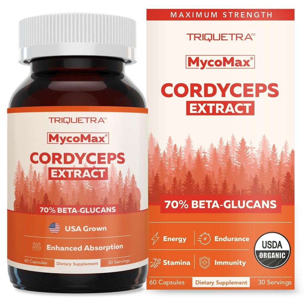 Biologische Cordyceps Paddenstoelen Extract - 70% Beta Glucans - Hoogste Actieve Nutriënt Niveaus, Max Potency Cordyceps Capsules, US Gegroeide + Ultrasone Extractie - Performance, Immunity & Energy - 60 Capsules