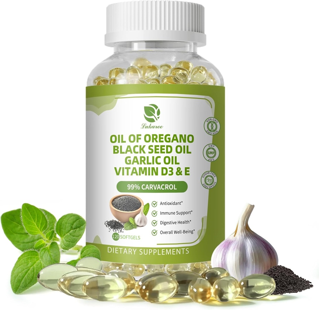 Lukaree Oregano Oil Capsules with Black Seed Oil, Knoflook Oil, Vitamine D3 E, 99% High Concentrated Carvacrol - Antioxidant, Immuun & Digestieve Ondersteuning*, 120 Softgels Caps, 60 Day Supply, Non GMO GMP