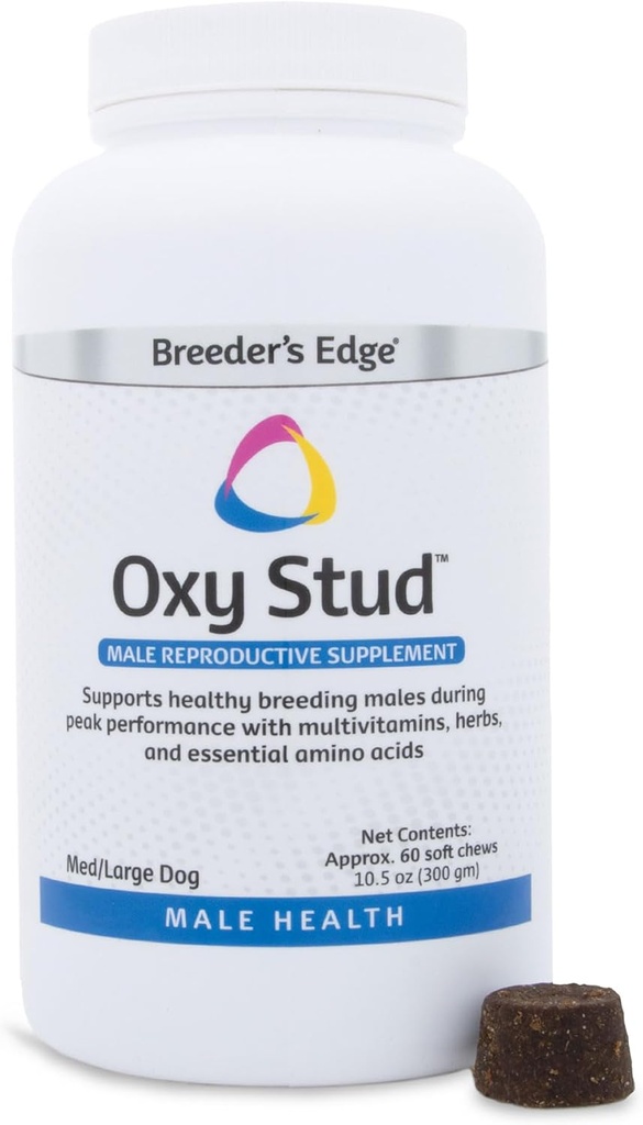 Breeder's Edge Oxy Stud Soft Chews sont conçus pour les chiens mâles et les chats et aide à soutenir les besoins reproducteurs et nutritionnels spécifiques à la santé reproductive masculine, 60 ct chien moyen et grand